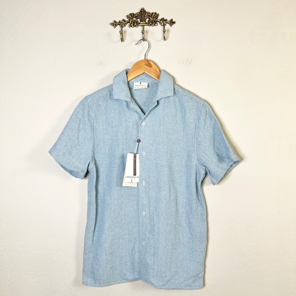 Larsson & Co Button Up Wray Mens Size S Blue Herringbone Knit Short Sleeve New